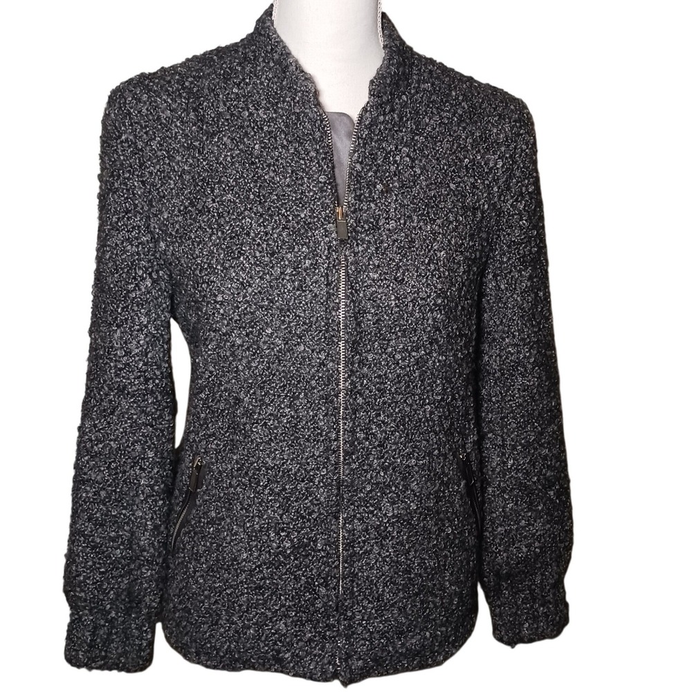 Club Monaco Womens Textured Plush Knit Zip Up Bomber Jacket XSP Dark Gray Tweed‎